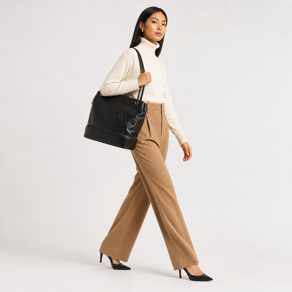 Chanel Deca Coco Mark Black Vintage Tote - On model