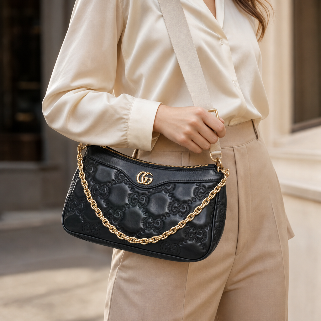 Gucci GG Matelasse Hobo Calfskin Black - On model close-up