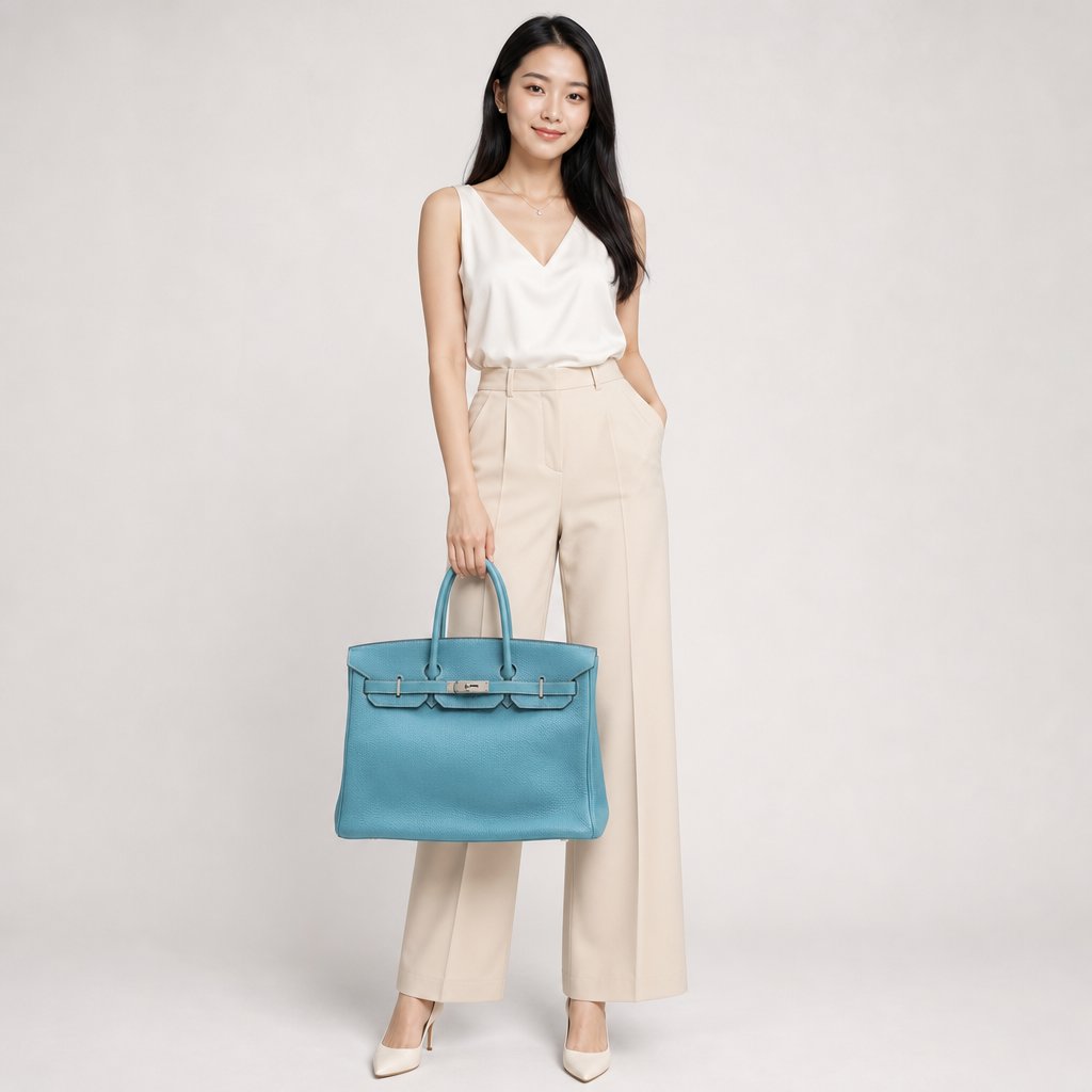 Hermes Birkin 35 Blue Jean PHW Square H Stamp
