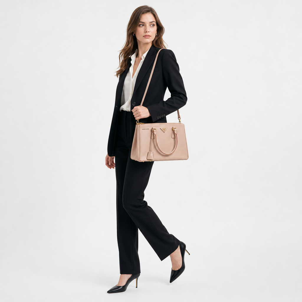 Prada Galleria Double Zip Tote Blush Beige - On model