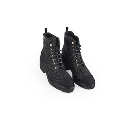Chanel Tweed Lace-Up Boots Black Size 40.5