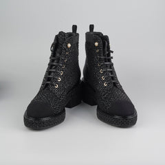 Chanel Tweed Lace-Up Boots Black Size 40.5
