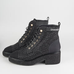 Chanel Tweed Lace-Up Boots Black Size 40.5
