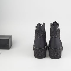 Chanel Tweed Lace-Up Boots Black Size 40.5
