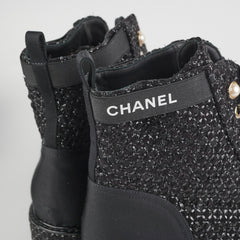 Chanel Tweed Lace-Up Boots Black Size 40.5