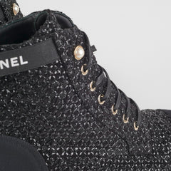 Chanel Tweed Lace-Up Boots Black Size 40.5