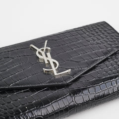 Saint Laurent Croc Embossed Wallet Clutch Black