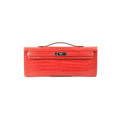 Hermes Kelly Cut Exotic Crocodile Poporus Red Croc Clutch - T stamp