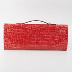 Hermes Kelly Cut Exotic Crocodile Poporus Red Croc Clutch - T stamp