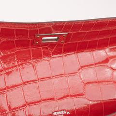 Hermes Kelly Cut Exotic Crocodile Poporus Red Croc Clutch - T stamp