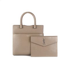 Saint Laurent Uptown Croc-Leather Tote Small Taupe