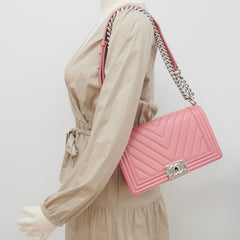 Chanel Chevron Quilted Boy Flag Old Medium Lambskin Pink