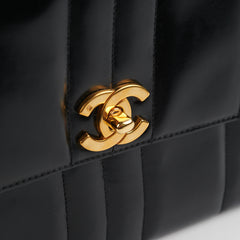 Chanel Vintage Vertical Half Flap Black Shiny Leather