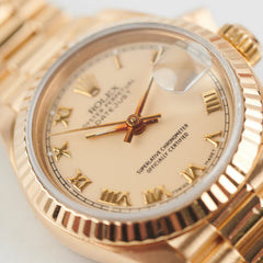 Rolex Lady Datejust 18K Gold Roman Numerals Champagne Dial 26mm President Strap