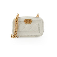 Chanel Caviar Micro Boy Card holder on Chain White